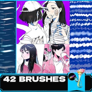 May include: A set of 42 digital brushes for drawing and illustration. The brushes are displayed on a blue background with a cartoon character holding a phone. The brushes are white and gray and include a variety of shapes and sizes.