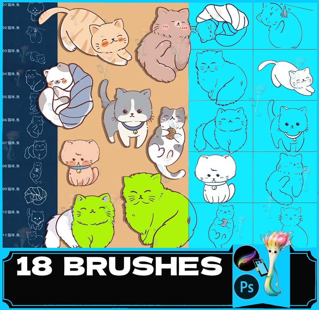 Procreate Brush Ps Brush Cute Cartoon Cat Line Drawing Animal Auxiliary ...