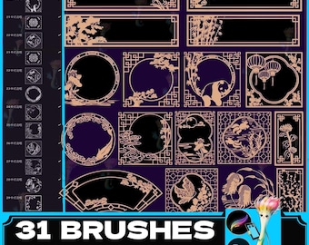 May include: A set of 31 digital brushes featuring intricate, decorative designs inspired by traditional Chinese architecture. The brushes are in a variety of shapes and sizes, including squares, circles, and rectangles. The designs are all in a light brown color and are set against a dark background.