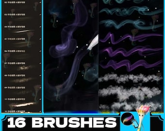 May include: A set of 16 digital brushes for creating smoke and cloud effects. The brushes are shown in a variety of colors, including blue, purple, and white. The brushes are designed to be used with digital art software.