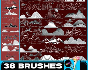 Procreate Stamp Brush Set: Chinese Landscape, Mountain Line Art