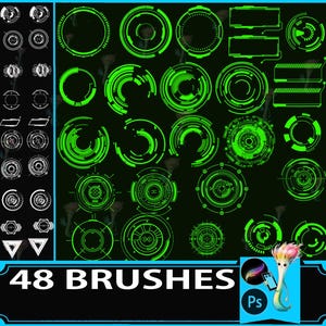 Puede incluir: Un conjunto de 48 pinceles digitales con un diseño futurista verde neón. Los pinceles presentan formas circulares y rectangulares sobre un fondo oscuro. La imagen incluye el texto "48 BRUSHES" e iconos para Procreate y Photoshop.