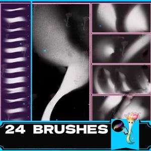 May include: A set of 24 digital brushes for use in digital art programs. The brushes are designed to create a variety of effects, including soft, blended, and textured looks. The brushes are shown in a collage of different colors and textures.