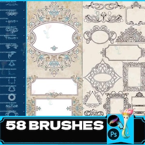 May include: Digital art brushes featuring ornate frames and decorative elements in beige, teal, and brown. The image includes a variety of frame shapes, including ovals, rectangles, and triangles. The text "58 BRUSHES" is displayed at the bottom.