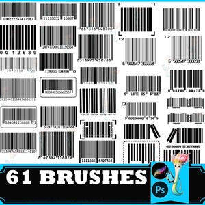May include: A collection of 61 black and white barcode designs in various styles and orientations. The image features a variety of vertical line patterns, some with numerical codes underneath, and a graphic of a paintbrush character with the text 61 BRUSHES.