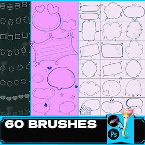 Pode incluir: Um conjunto de 60 pincéis do Photoshop com várias formas, incluindo corações, balões de fala e estrelas. Os pincéis são projetados em um estilo bonito e de desenho animado com um esquema de cores rosa e azul. O texto "60 BRUSHES" é exibido na parte inferior da imagem.