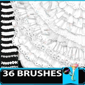 May include: An image featuring a collection of 36 brushes, with a focus on white lace and ruffle designs. The image showcases various lace patterns and layered ruffles, with the text "36 BRUSHES" at the bottom.