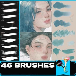 May include: A set of 46 digital brushes for use in digital art programs. The brushes are displayed on a white background with a blue and green watercolour background. The brushes are labelled in Chinese characters.