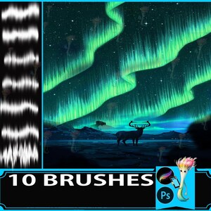 May include: Digital art brushes for Photoshop. The image shows a vivid illustration of the Aurora Borealis with a deer silhouette. The text "10 BRUSHES" is displayed at the bottom, along with the Photoshop logo.