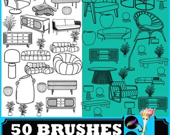 50 Modern Furniture Line: PS & Procreate stamps