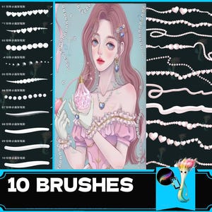 Può includere: Un set di 10 pennelli digitali per creare disegni di perle e cuori. I pennelli sono mostrati in un'illustrazione digitale di una donna con i capelli rosa che tiene una bottiglia di profumo. Il testo "10 BRUSHES" è nella parte inferiore dell'immagine.