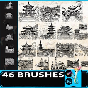 Procreate brush PS brush urban landscape ancient building sketch auxiliary line draft building pagoda loft, biulding procreate
