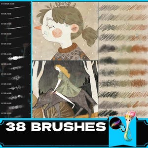 Puede incluir: Conjunto de pinceles de arte digital con ilustraciones de una niña y una mujer montando un lobo. El conjunto incluye varias muestras de trazos de pincel y el texto "38 BRUSHES". La paleta de colores incluye tonos marrones, verdes y beige.