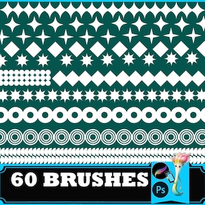 May include: A digital collection of 60 brushes featuring white geometric patterns on a dark teal background. The designs include rows of stars, diamonds, circles, concentric rings, and semi-circles. The text 60 BRUSHES is displayed at the bottom.