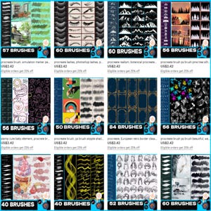 Puede incluir: Una colecci&oacute;n de pinceles digitales para Procreate, con varios estilos como pesta&ntilde;as, paisajes y marcos retro. Cada conjunto est&aacute; etiquetado con el n&uacute;mero de pinceles, que var&iacute;a de 40 a 84, e incluye el texto "Eligible orders get 25% off".