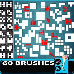 Pode incluir: Pincéis de arte digital em várias formas geométricas, incluindo quadrados, cruzes e formas de L, em branco e vermelho. A imagem tem um fundo azul-petróleo e inclui o texto "60 BRUSHES" em uma faixa preta.