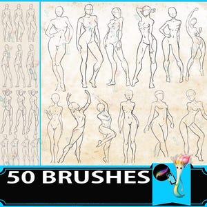 Può includere: Una collezione di 50 pennelli per arte digitale, con varie pose di figure femminili in stile line art. Le illustrazioni sono in nero su sfondo beige. Un banner blu e nero in basso indica il numero di pennelli.