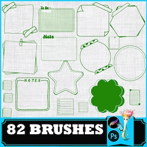 May include: A digital collection of 82 green outline brushes featuring various shapes including squares, rectangles, circles, a star, and a flower. The designs include labels like To Do, Note, and N.O.T.E.S., with some elements showing tape or paper clip accents.
