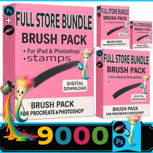 Puede incluir: Un conjunto de cajas rosas con la etiqueta "FULL STORE BUNDLE BRUSH PACK" para iPad y Photoshop, con la palabra "stamps" debajo. El conjunto incluye una descarga digital y un personaje de pincel de dibujos animados. El n&uacute;mero "9000" est&aacute; en la parte inferior.