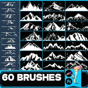 Könnte beinhalten: Ein Satz von 60 Photoshop-Pinseln mit verschiedenen Bergformen in Weiß auf schwarzem Hintergrund. Der Text "60 BRUSHES" wird in Weiß auf blauem Hintergrund angezeigt.