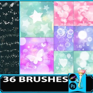 Könnte beinhalten: Eine digitale Grafik mit neun farbenfrohen Designfeldern. Die Felder zeigen Sterne, Herzen, Blasen und Schmetterlinge in Rosa, Lila, Grün und Blau. Der Text "36 BRUSHES" wird unten zusammen mit einem digitalen Kunstsymbol angezeigt.