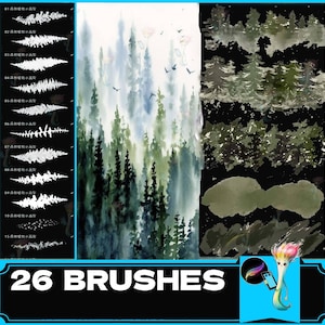 Puede incluir: Un conjunto de 26 pinceles de acuarela para arte digital. Los pinceles están diseñados para crear escenas de bosque realistas con árboles, niebla y follaje. Los pinceles se muestran sobre un fondo negro con un borde blanco.