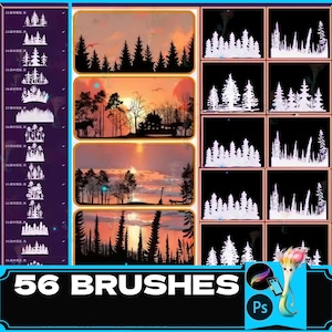 May include: A set of 56 digital brushes for Adobe Photoshop featuring various tree silhouettes in different styles. The brushes are displayed on a background with a variety of nature scenes.