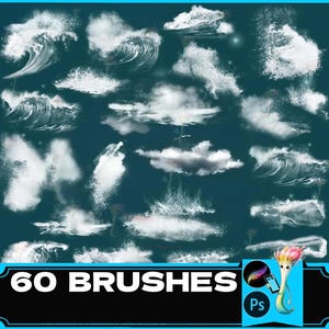 May include: A set of 60 Photoshop brushes featuring various white wave and cloud shapes on a teal background. The text "60 BRUSHES" is displayed in white on a black rectangle at the bottom of the image. A small icon with the letters "Ps" in white on a blue background is in the lower right corner of the image.
