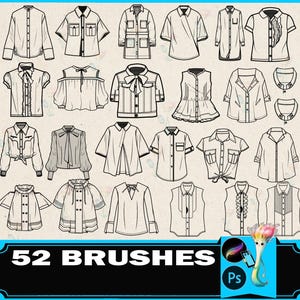 May include: A selection of 25 monochrome shirt designs, including button-down, ruffled, and tie-front styles. The image also features the text "52 BRUSHES" in a black banner with a colourful illustration.