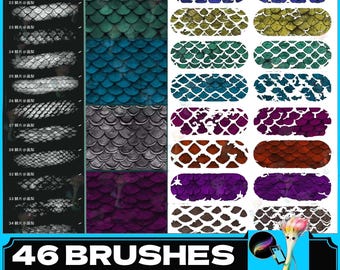 Puede incluir: Un conjunto de 46 pinceles digitales que presentan varios patrones de escamas en diferentes colores, incluyendo turquesa, morado, gris y marrón. Los pinceles están diseñados para su uso en arte digital e ilustración.