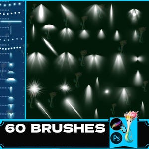 May include: A set of 60 Photoshop brushes featuring various light effects, including spotlights, beams, and glowing orbs. The brushes are designed to add a dramatic and ethereal feel to digital artwork.
