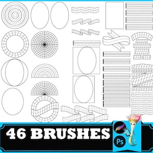 May include: A digital collection of 46 black and white line art brushes featuring various geometric shapes, including circles, ovals, grids, ribbons, and lined rectangular frames. The bottom banner displays the text 46 BRUSHES and Ps logo.