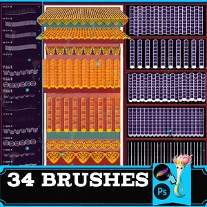 Puede incluir: Pinceles de arte digital para Photoshop. La imagen presenta una ilustración estilizada de un edificio asiático tradicional con techo amarillo y paredes naranjas. La imagen incluye una variedad de estilos de pinceles y el texto "34 BRUSHES".