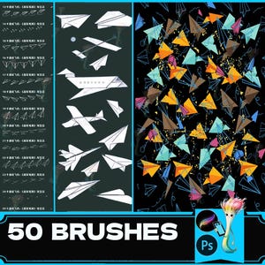 Puede incluir: Un conjunto de 50 pinceles de Photoshop con varios diseños de aviones de papel. Los pinceles se muestran sobre un fondo negro con un borde azul y blanco. El texto "50 BRUSHES" se muestra en blanco sobre un fondo azul. El texto "Ps" se muestra en blanco sobre un fondo azul.