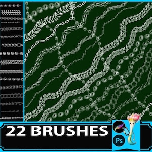 May include: Digital art brushes featuring various chain designs in white against a dark green background. The image includes a selection of 22 brushes, with a stylized illustration of a paintbrush and the text "22 BRUSHES".