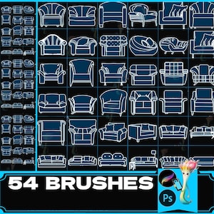 Pode incluir: Um conjunto de 54 pincéis do Photoshop que apresentam vários estilos de sofás, poltronas e sofás-cama. Os pincéis são delineados em branco sobre um fundo preto.