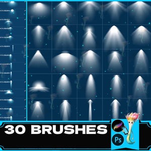 Peut inclure: Un ensemble de 30 pinceaux Photoshop présentant divers effets de lumière. Les pinceaux sont disposés en grille sur un fond bleu avec des étoiles blanches. Le texte "30 BRUSHES" est affiché en lettres noires sur un fond blanc.