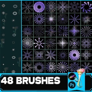 Puede incluir: Un conjunto de 48 pinceles de Photoshop que presentan una variedad de diseños geométricos y abstractos en tonos de morado y blanco sobre un fondo negro. El texto "48 BRUSHES" se muestra en la parte inferior de la imagen.