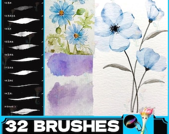May include: Digital art brushes for Procreate, featuring watercolor flowers and brushstroke samples. The image showcases a variety of brush styles, including textured strokes and floral designs, with the text "32 BRUSHES".