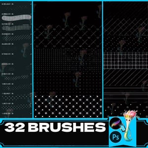 May include: A set of 32 Photoshop brushes, displayed on a black background. The brushes are shown as white patterns, including dots, lines, and geometric shapes. The text "32 BRUSHES" is displayed in white on a black background. A cartoon character with a blue and purple body and a pink flower on its head is holding a phone with the text "Ps" on it.