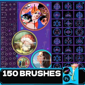 May include: A set of 150 digital brushes for Adobe Photoshop. The brushes are designed for creating artistic effects, such as targets, circles, and stars. The image also includes a variety of colorful illustrations.