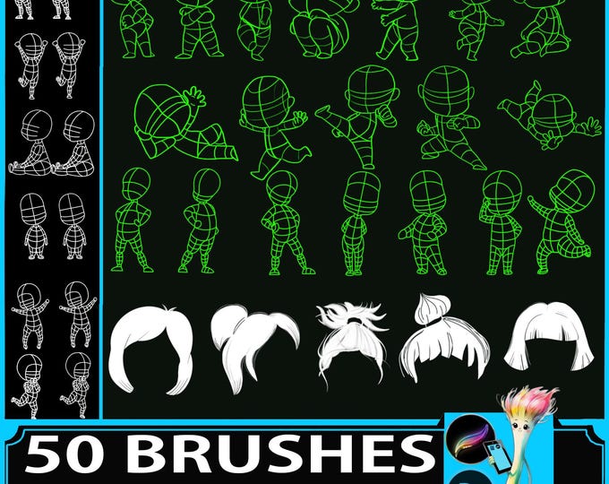 Anime Chibi Full Body Stamp PNG Brush Set - Body Pose Guide Stamps ...