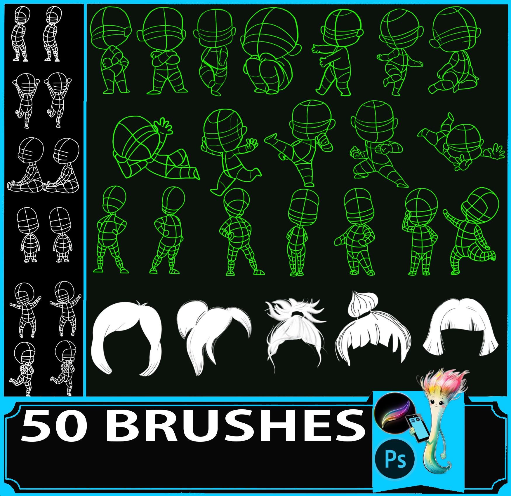 Pinceaux de cheveux Chibi pour Procreate & Photoshop – Set de tampons de coiffures manga pour personnages mignons