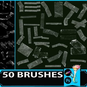 May include: An image featuring a collection of 50 brushes, with various shapes and sizes, against a dark background. The brushes appear to be transparent and textured. The image includes the text "50 BRUSHES" and the "Ps" logo.
