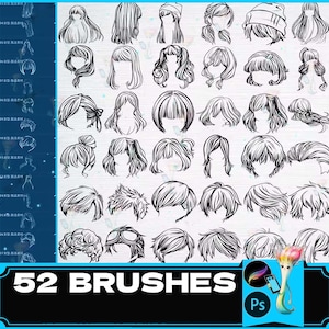 May include: A set of 52 black and white digital brushes for use in Adobe Photoshop. The brushes are designed to create different styles of hair, including long, short, curly, and straight.