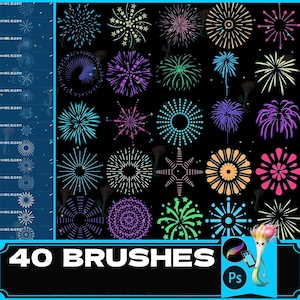 May include: A set of 40 digital brushes featuring various firework designs in vibrant colors like pink, blue, green, and purple. The brushes are perfect for creating festive and celebratory designs.