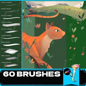 May include: A set of 60 digital brushes for use in digital art programs. The brushes are displayed on a white background with a colorful illustration of a cat in a green field. The text "60 BRUSHES" is displayed in white letters on a black background.