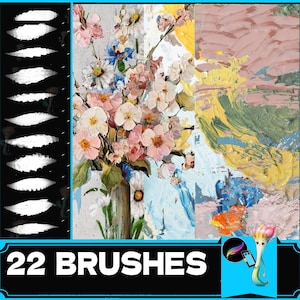 May include: A set of 22 digital brushes for painting, featuring a variety of shapes and sizes. The brushes are displayed on a black background with a floral design and a colourful abstract background.