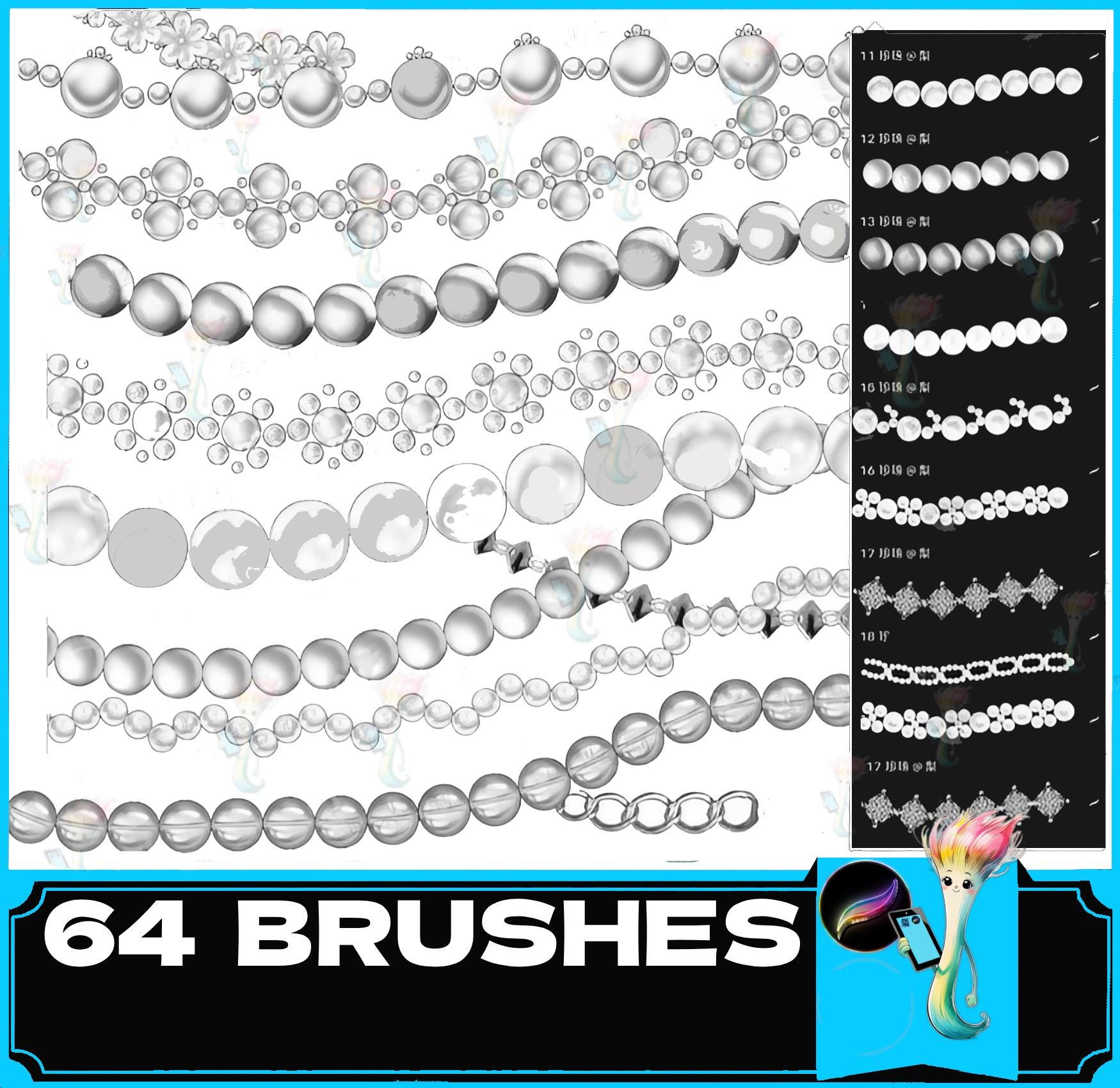 Procreate Set de pinceles 3D no transparentes – Perlas, cadena metálica, joyería con cuentas, collar y trazos de enredadera con púas