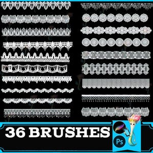 May include: A collection of 36 white lace brushes in various designs, displayed against a black background. The image includes a blue banner with the text "36 BRUSHES" and a digital art illustration.